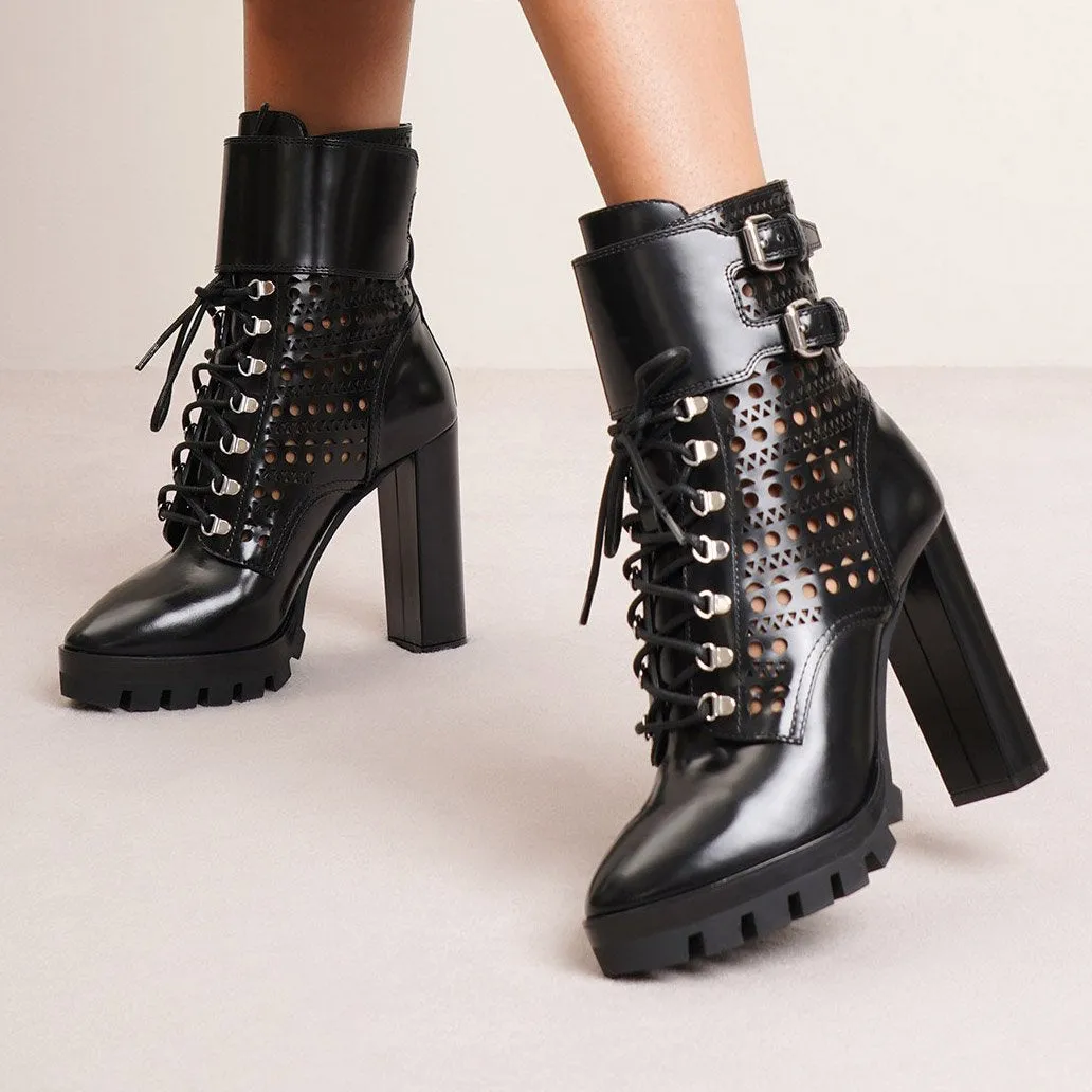 Perforated combat ankle boots