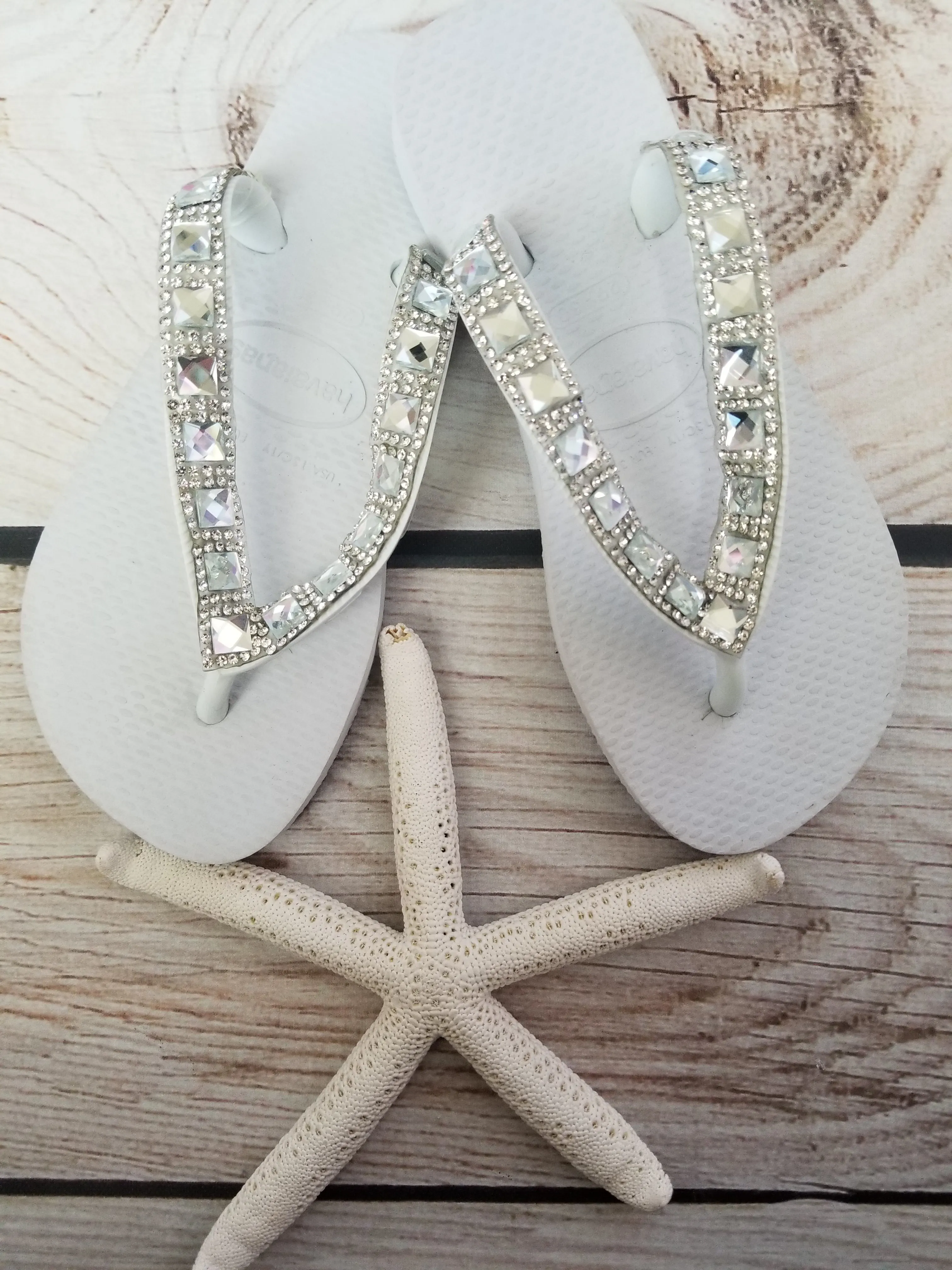 Planet Sea Diamond Silver Clear Stones Flip Flops