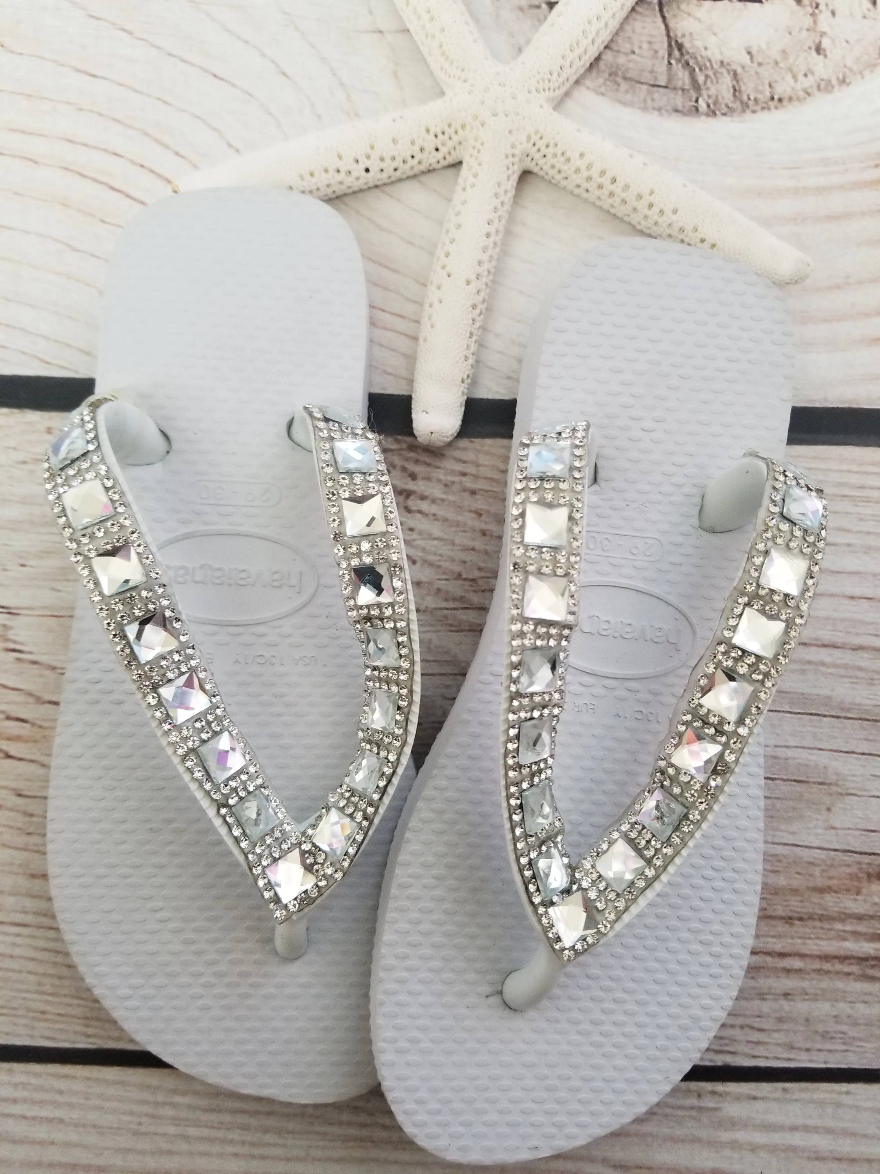 Planet Sea Diamond Silver Clear Stones Flip Flops