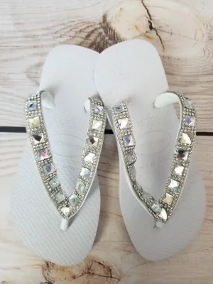 Planet Sea Diamond Silver Clear Stones Flip Flops