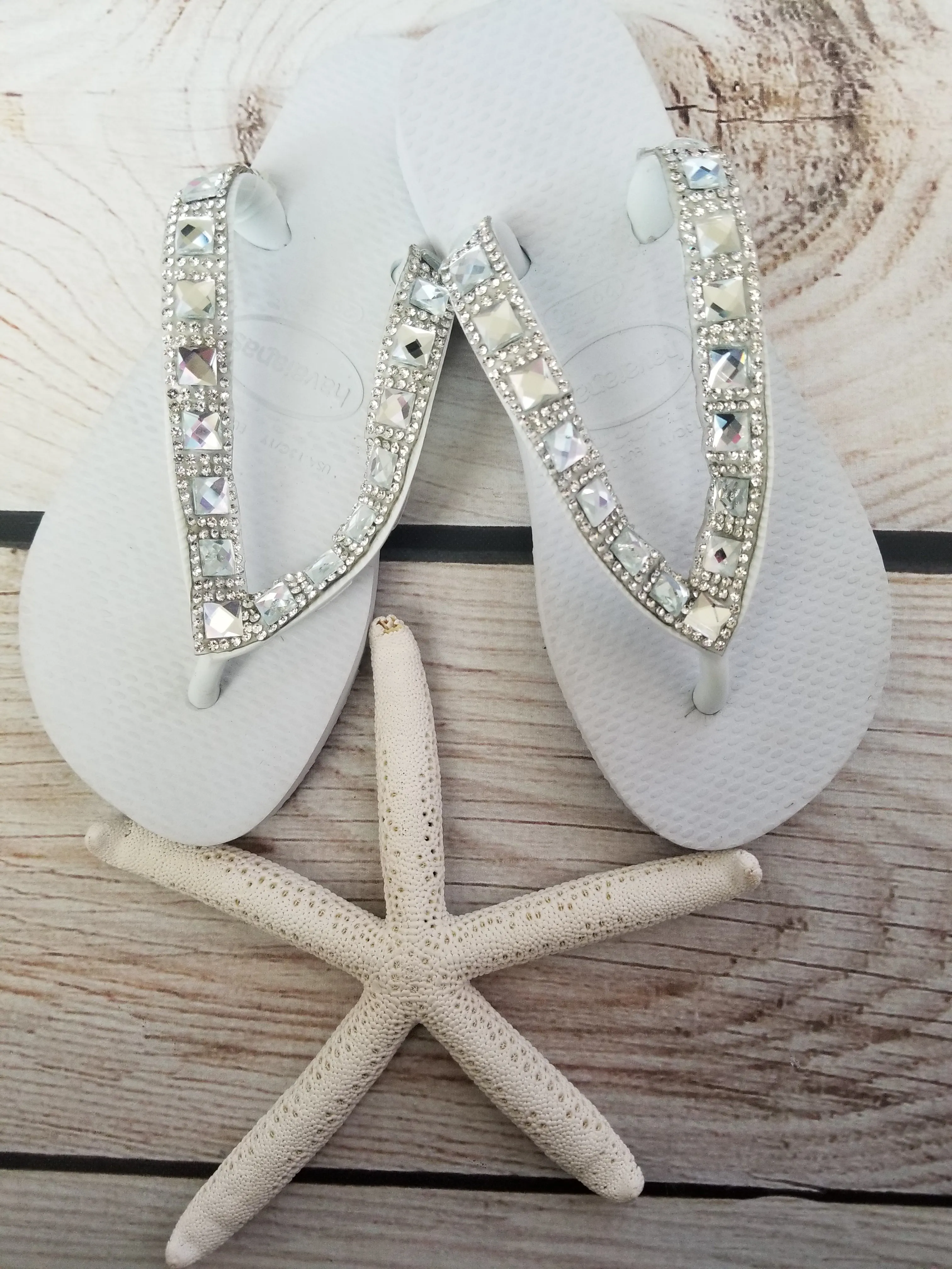Planet Sea Diamond Silver Clear Stones Flip Flops