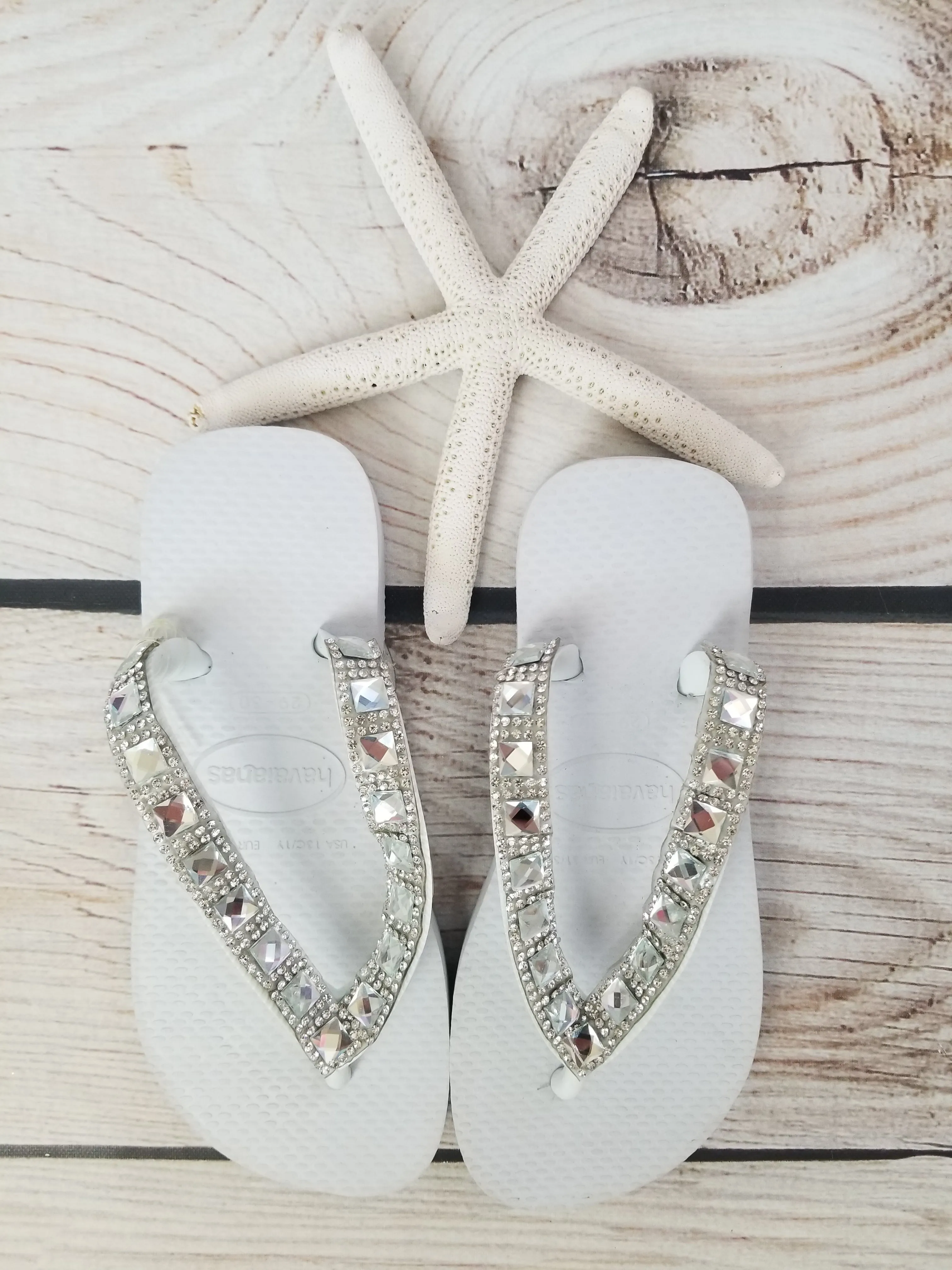 Planet Sea Diamond Silver Clear Stones Flip Flops