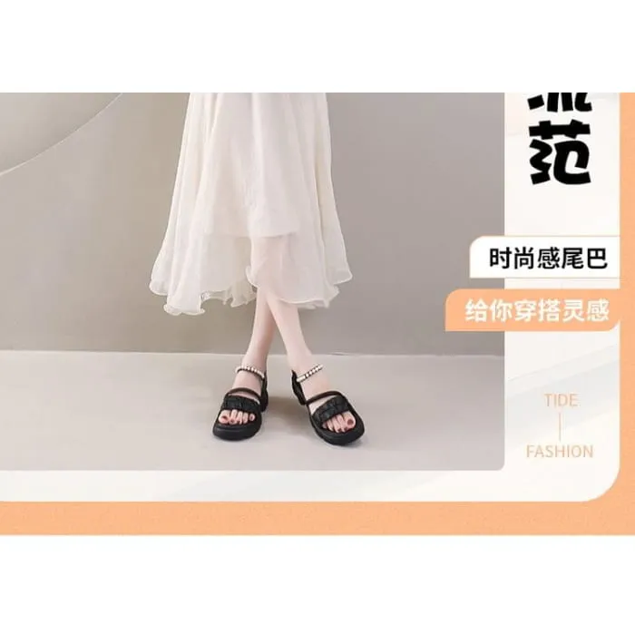 Platform Ankle Strap Faux Pearl Accent Ruched Faux Leather Sandals