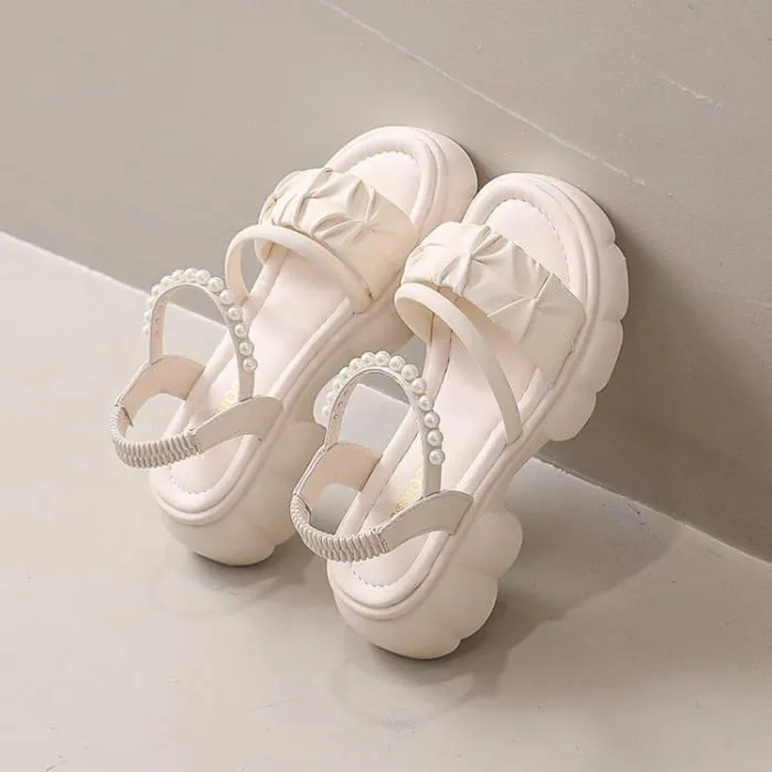 Platform Ankle Strap Faux Pearl Accent Ruched Faux Leather Sandals