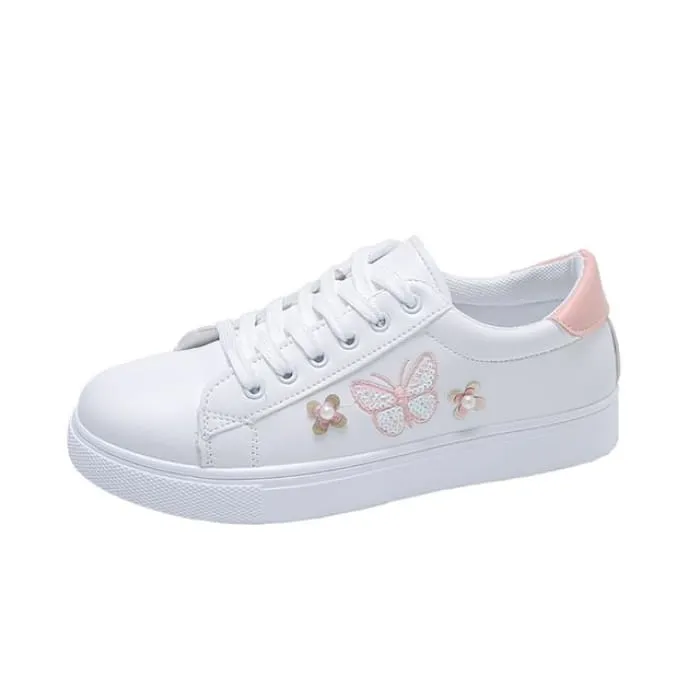 Platform Butterfly Embroidered Faux Pearl Accent Lace-Up Sneakers