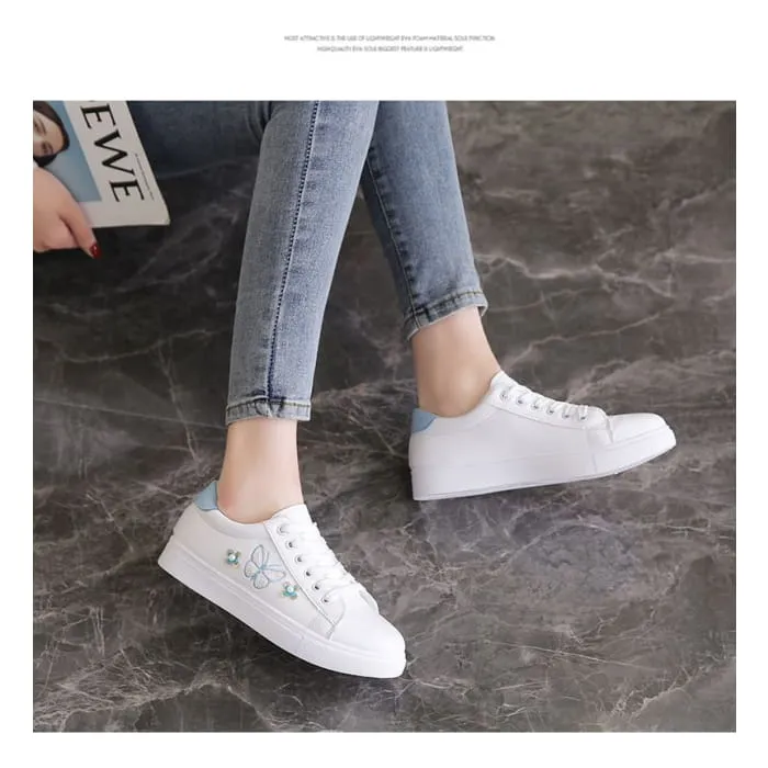 Platform Butterfly Embroidered Faux Pearl Accent Lace-Up Sneakers