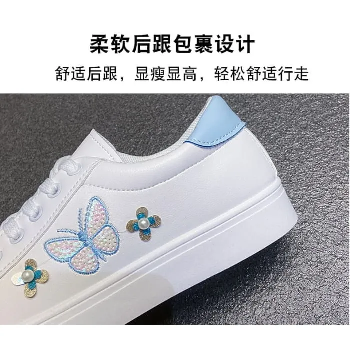 Platform Butterfly Embroidered Faux Pearl Accent Lace-Up Sneakers