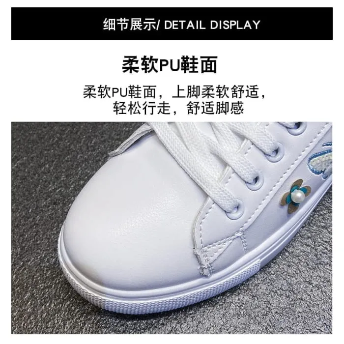 Platform Butterfly Embroidered Faux Pearl Accent Lace-Up Sneakers