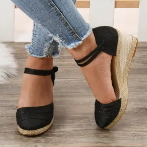 Platform Closed Toe Sandals for Women 2025 Dressy Summer, Women's Elastic Ankle Strap Espadrille Wedge Sandals Platform Lace Up Casual Shoes（Black