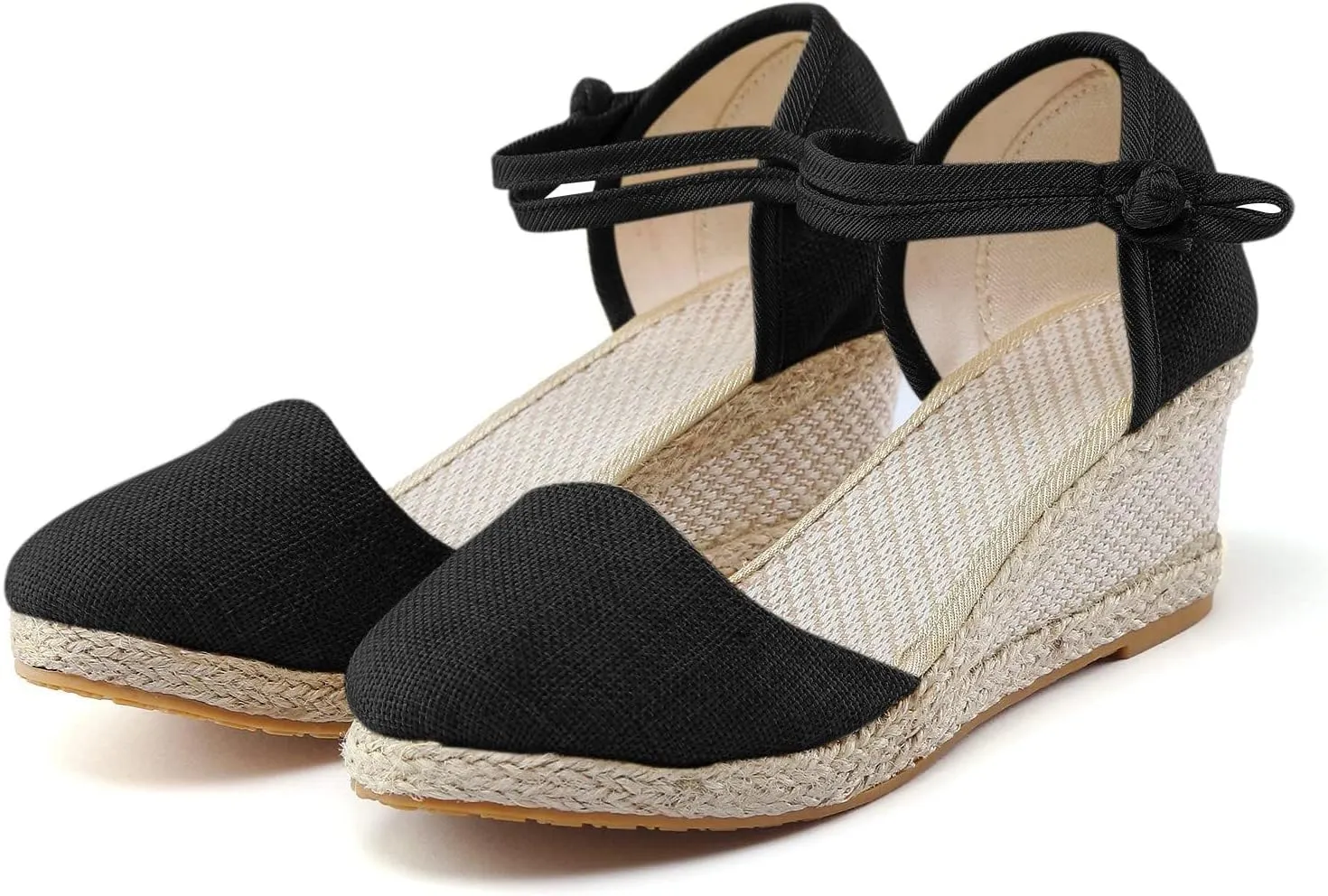 Platform Closed Toe Sandals for Women 2025 Dressy Summer, Women's Elastic Ankle Strap Espadrille Wedge Sandals Platform Lace Up Casual Shoes（Black
