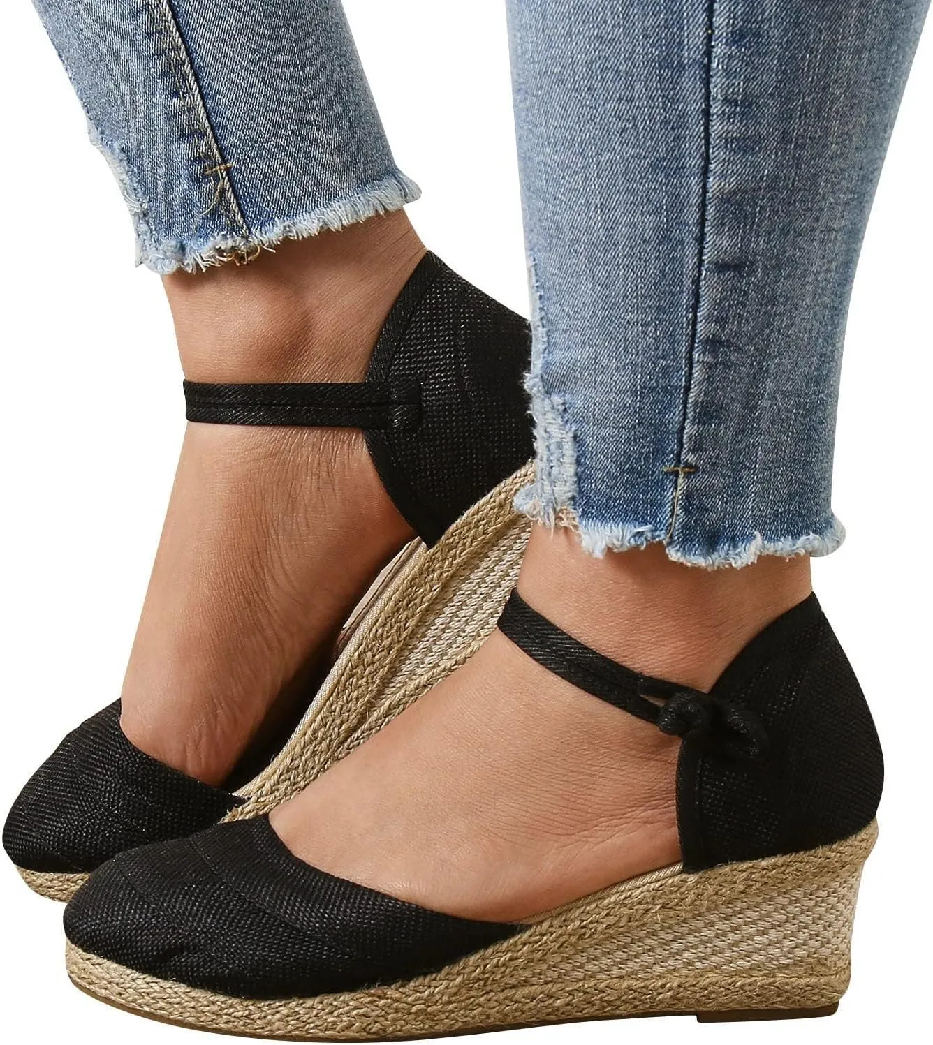 Platform Closed Toe Sandals for Women 2025 Dressy Summer, Women's Elastic Ankle Strap Espadrille Wedge Sandals Platform Lace Up Casual Shoes（Black
