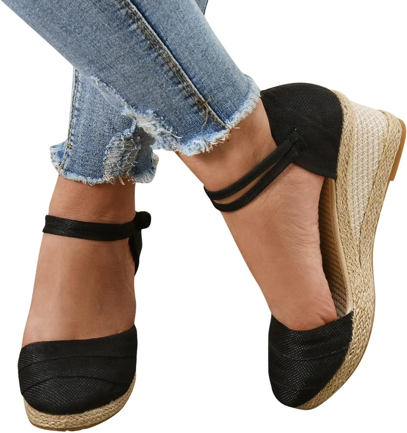 Platform Closed Toe Sandals for Women 2025 Dressy Summer, Women's Elastic Ankle Strap Espadrille Wedge Sandals Platform Lace Up Casual Shoes（Black