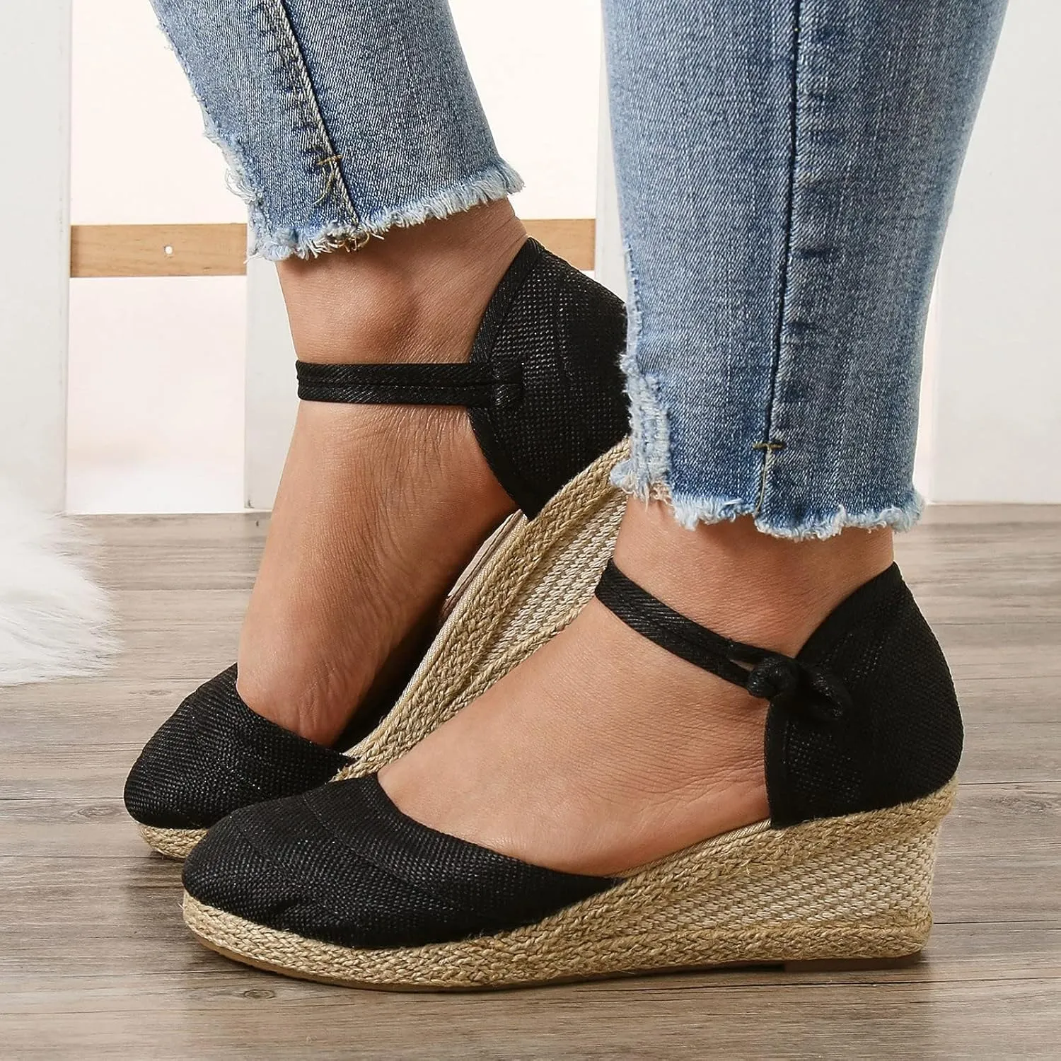Platform Closed Toe Sandals for Women 2025 Dressy Summer, Women's Elastic Ankle Strap Espadrille Wedge Sandals Platform Lace Up Casual Shoes（Black
