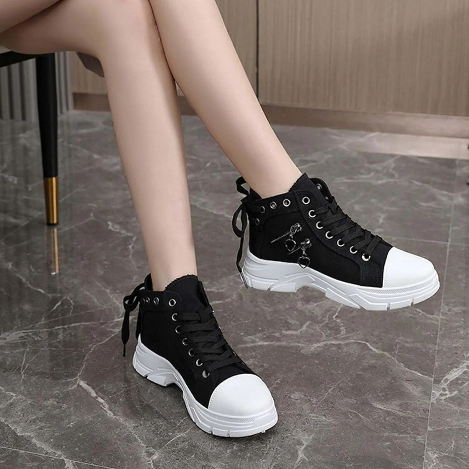 Platform Sneakers for Women Fashion,Trendy Comfortable Canvas Shoes for Women White Casual Tennis Shoes Low Top Lace Up Breathable Slip On Walking Shoes