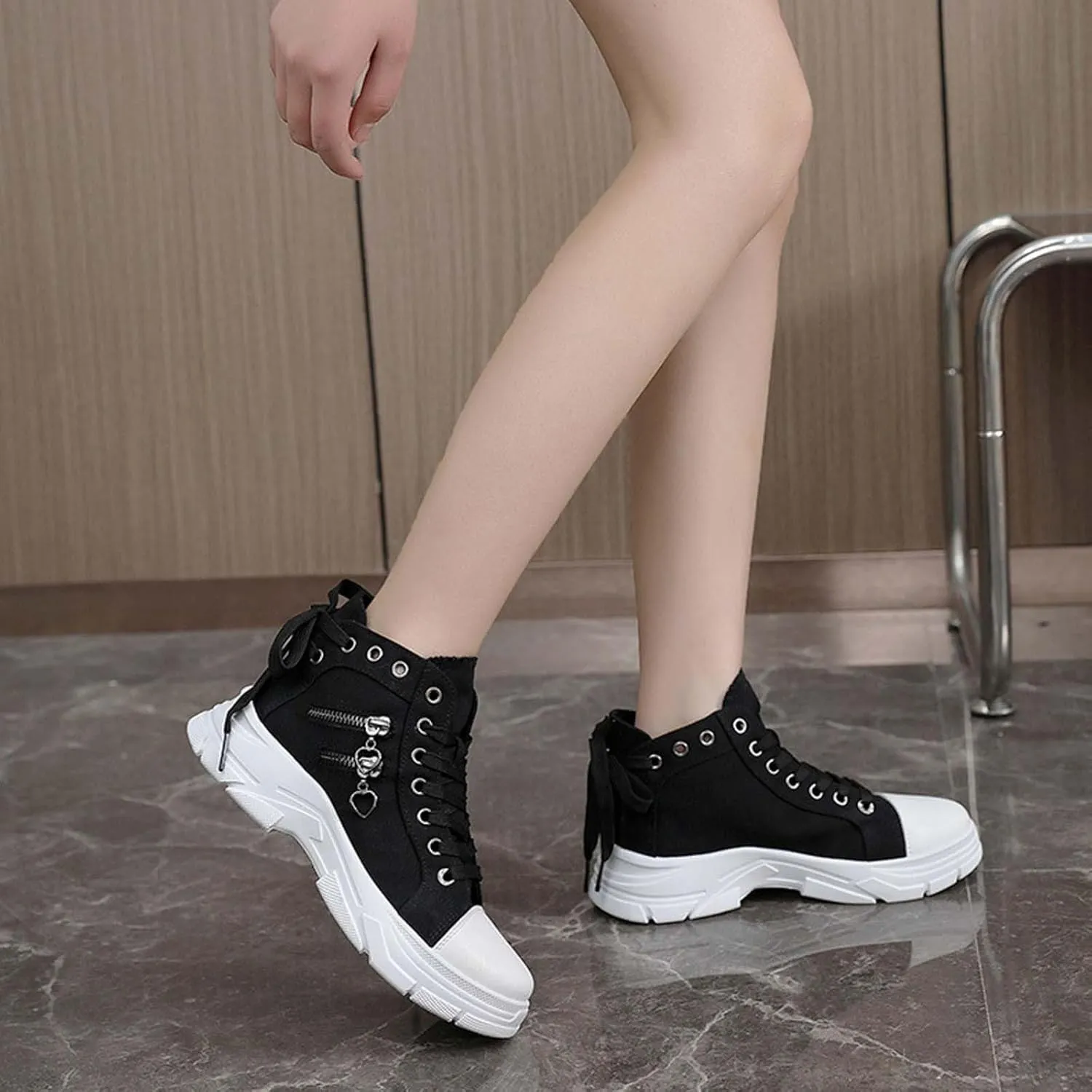 Platform Sneakers for Women Fashion,Trendy Comfortable Canvas Shoes for Women White Casual Tennis Shoes Low Top Lace Up Breathable Slip On Walking Shoes
