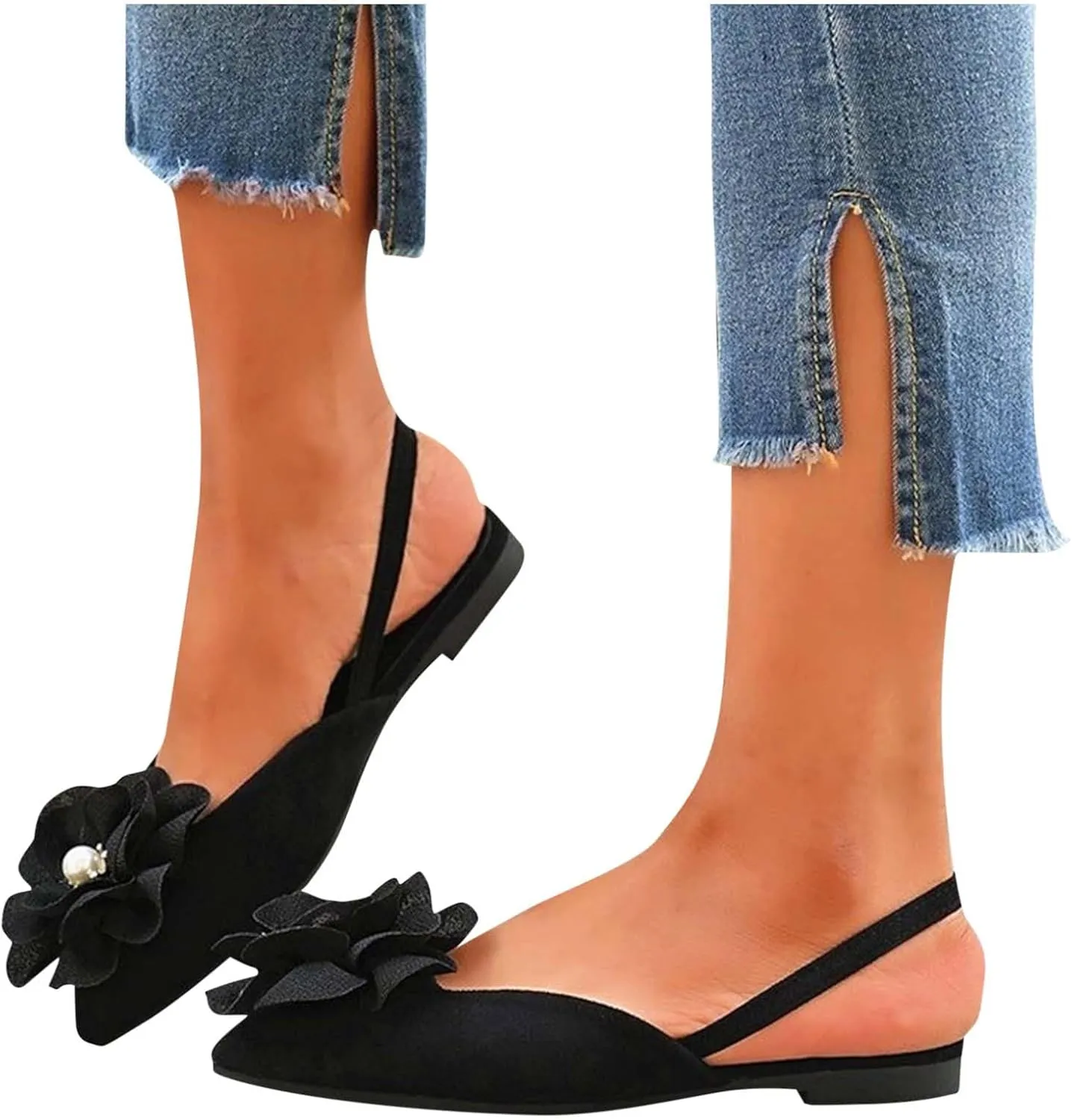 Pointed Toe Slingback Flats Women Elegant Dress Sandals Comfort Dressy Flower Slip On Flat Light Weight Ballet Shoes
