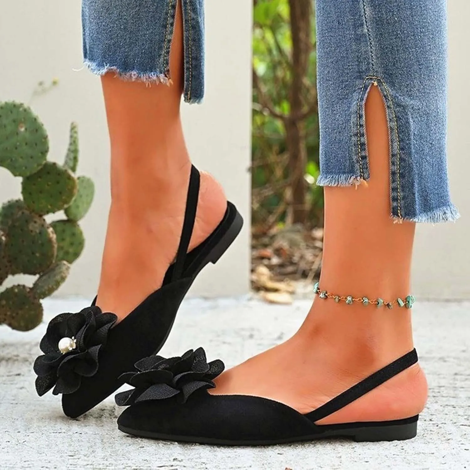 Pointed Toe Slingback Flats Women Elegant Dress Sandals Comfort Dressy Flower Slip On Flat Light Weight Ballet Shoes