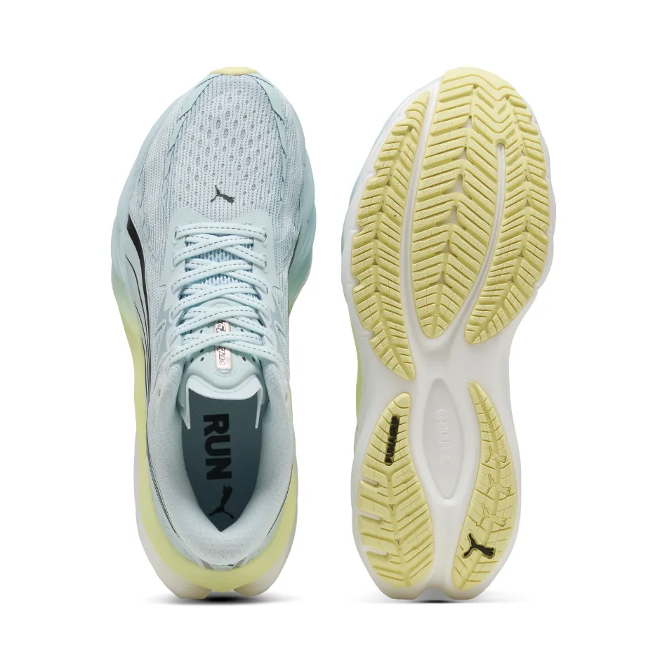 PUMA Women's Velocity NITRO 4 Running Shoes in Sea Glass/Gold Moon AW25 Bold materials Airflow Channel Tech