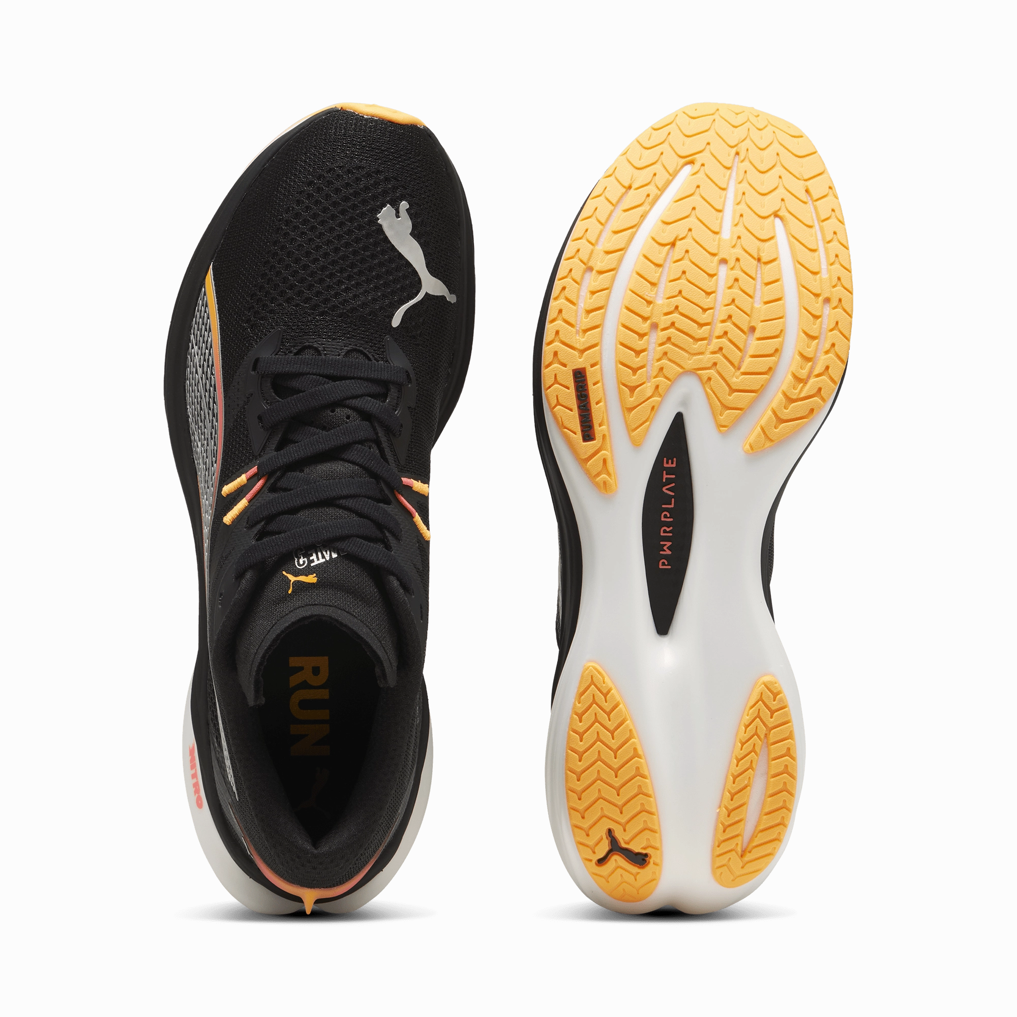 training running shoe situation Silicone Heel Grip Puma Men's Deviate Nitro 3 Running Shoes in Black/Sun Stream AW24