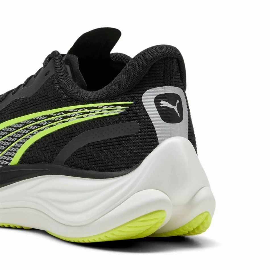Puma Men's Velocity Nitro 3 Running Shoes in Puma Black/Yellow Alert SS25 tongue Stability Pods Configuration