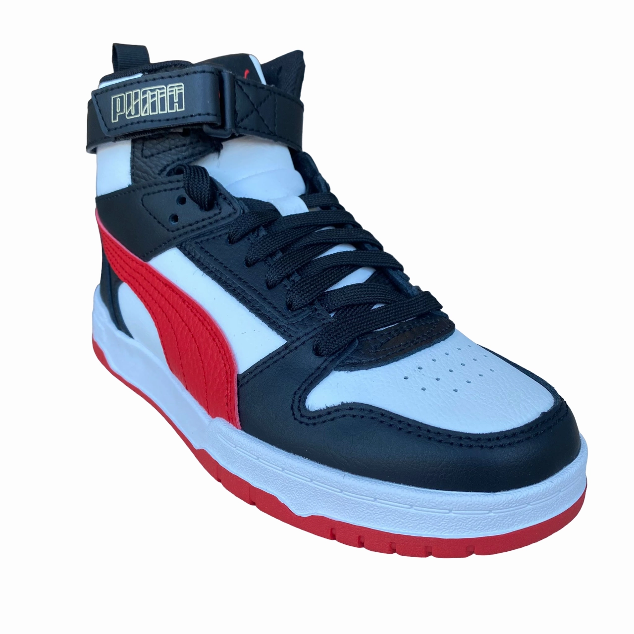 Puma scarpa sneakers da ragazzo RBD Game 386172 08 bianco-rosso-nero-oro Padded Heel Tear Resistant Lace Holes