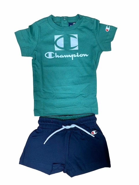 Comfy Fit Layer Champion completino da bimbo Legacy maglietta e pantaloncino 306379 GS108 FOLI verde blu