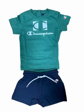 Comfy Fit Layer Champion completino da bimbo Legacy maglietta e pantaloncino 306379 GS108 FOLI verde blu