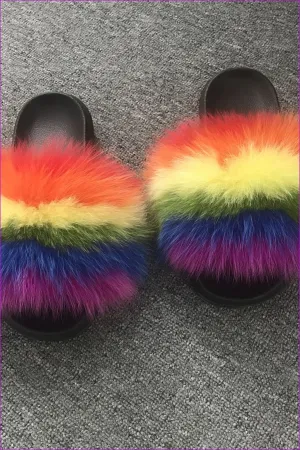 Rainbow Fox Full-Pelt Fur Sliders DF003