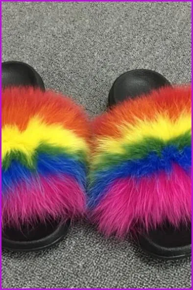 Rainbow Fox Full-Pelt Fur Sliders DF003