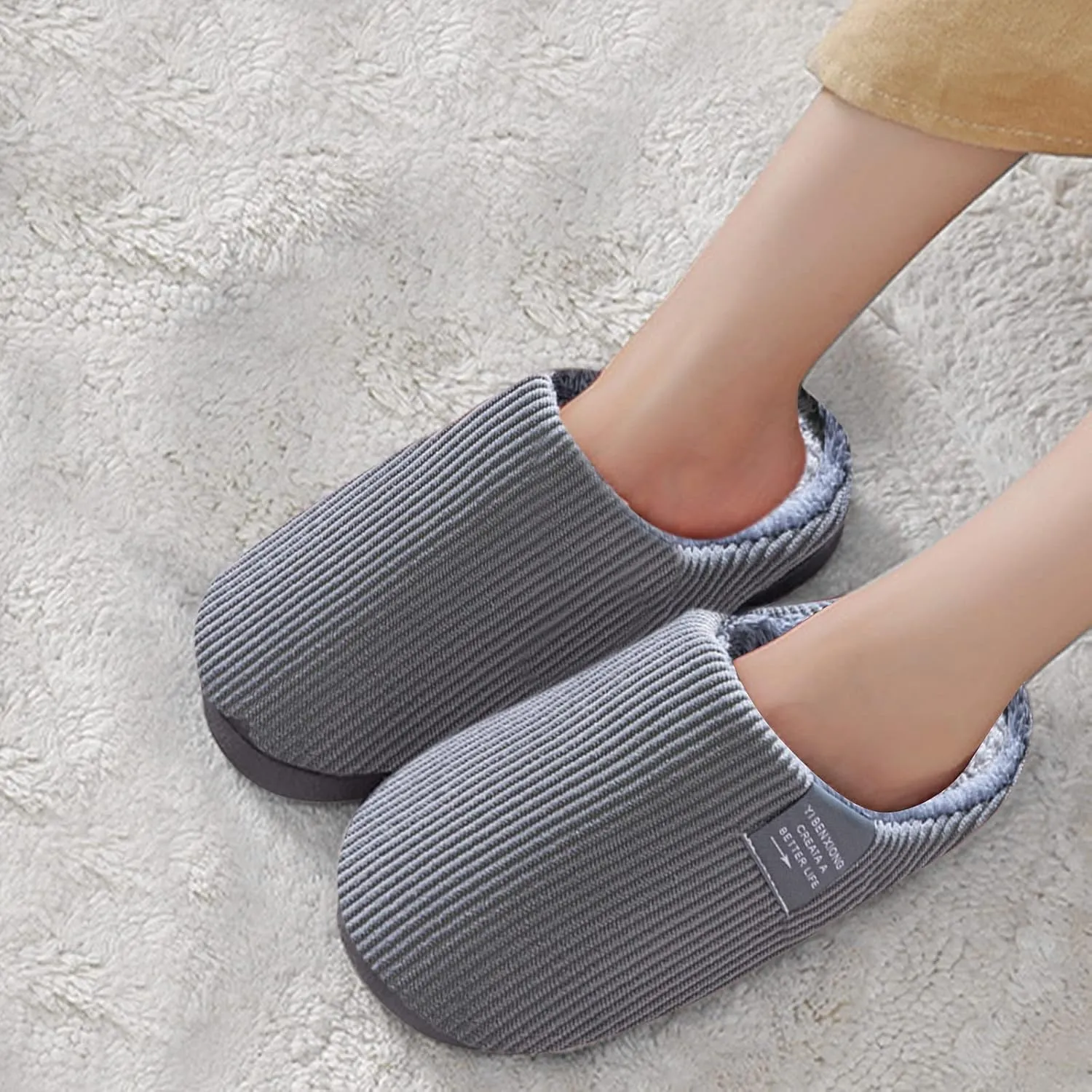 Roorsily Men's Fuzzy Slippers Fleece Lined Warm Cotton Slippers Lightweight Flat Soled Slippers Comfort Indoor Slippers