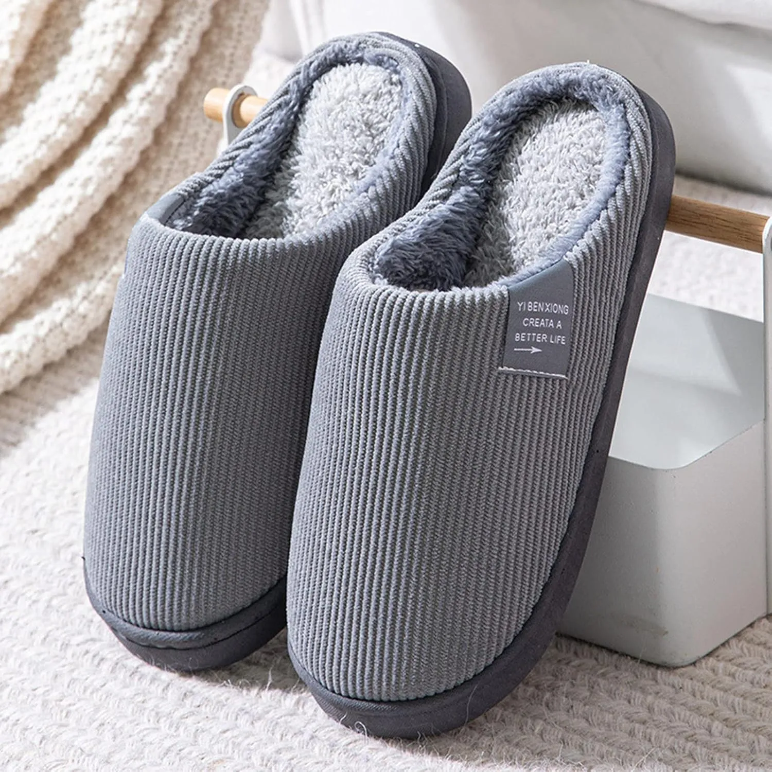 Roorsily Men's Fuzzy Slippers Fleece Lined Warm Cotton Slippers Lightweight Flat Soled Slippers Comfort Indoor Slippers