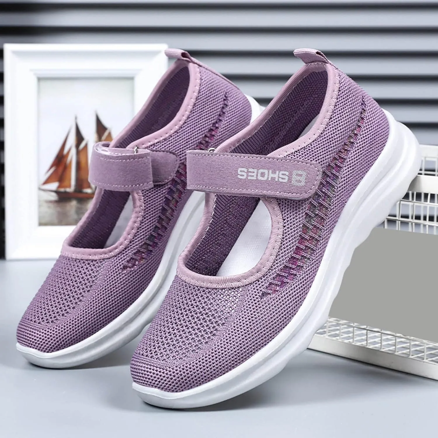 Running Shoes for Women Flat Bottom Non Slip Mesh Breathable Shoes Hook Loop Recovery Shoes for Elderly Women