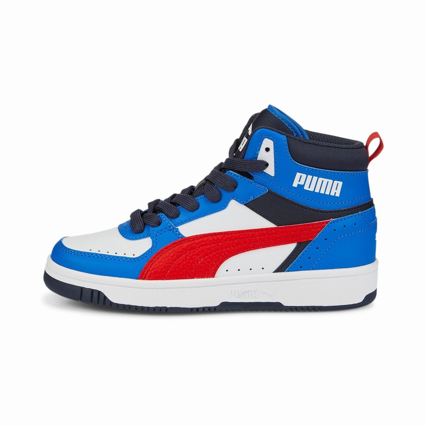 Puma Sneakers alta da ragazzo Rebound JOY Jr 388447 04 White-Burnt Red-Victoria Blue-Parisian Night Marathon odor - control insole shoes