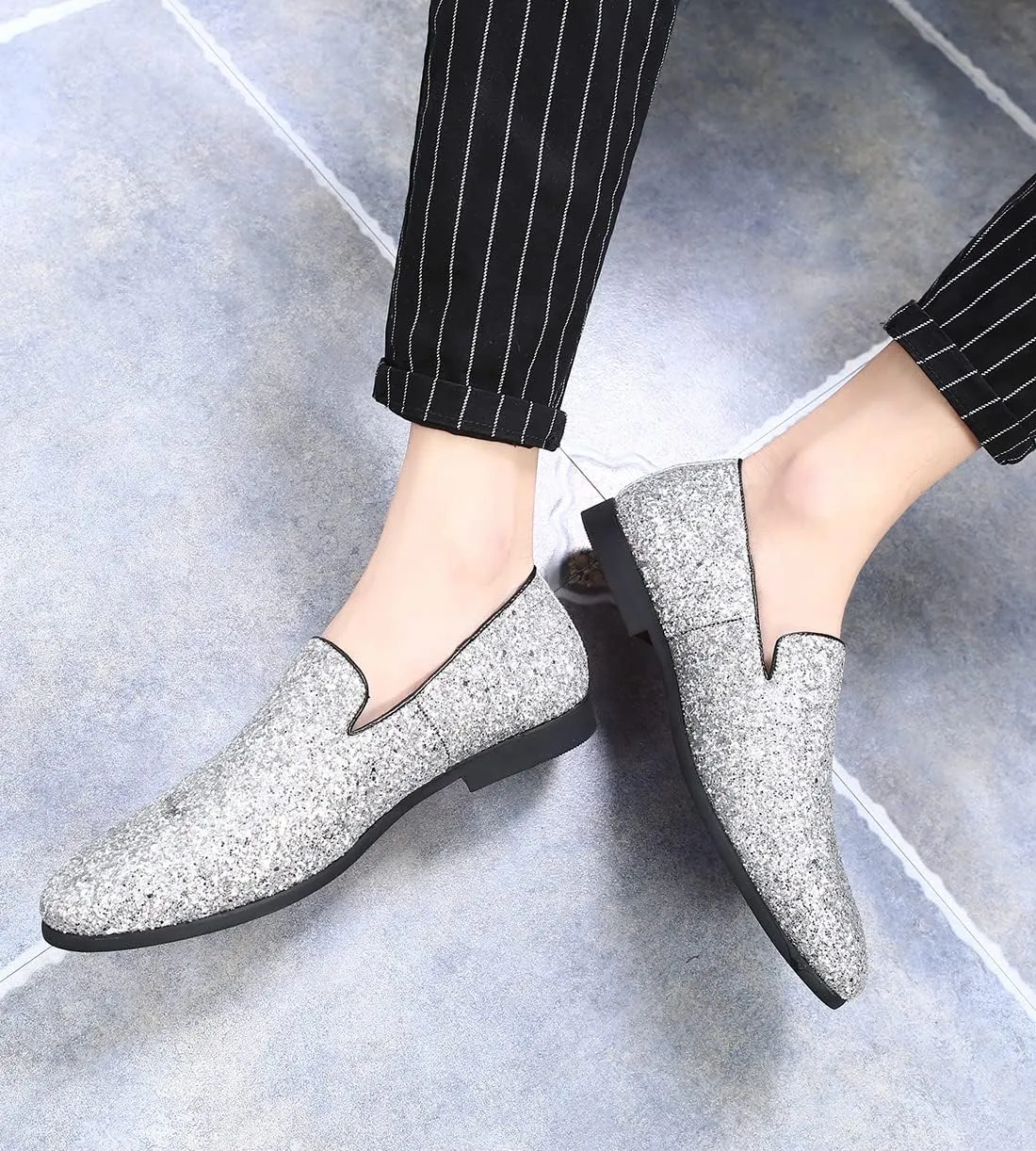 Santimon Mens Glitter Loafers Slip-On Dress Shoes  Sparkly Tuxedo & Suit Shoes for Weddings, Parties, and Formal Events