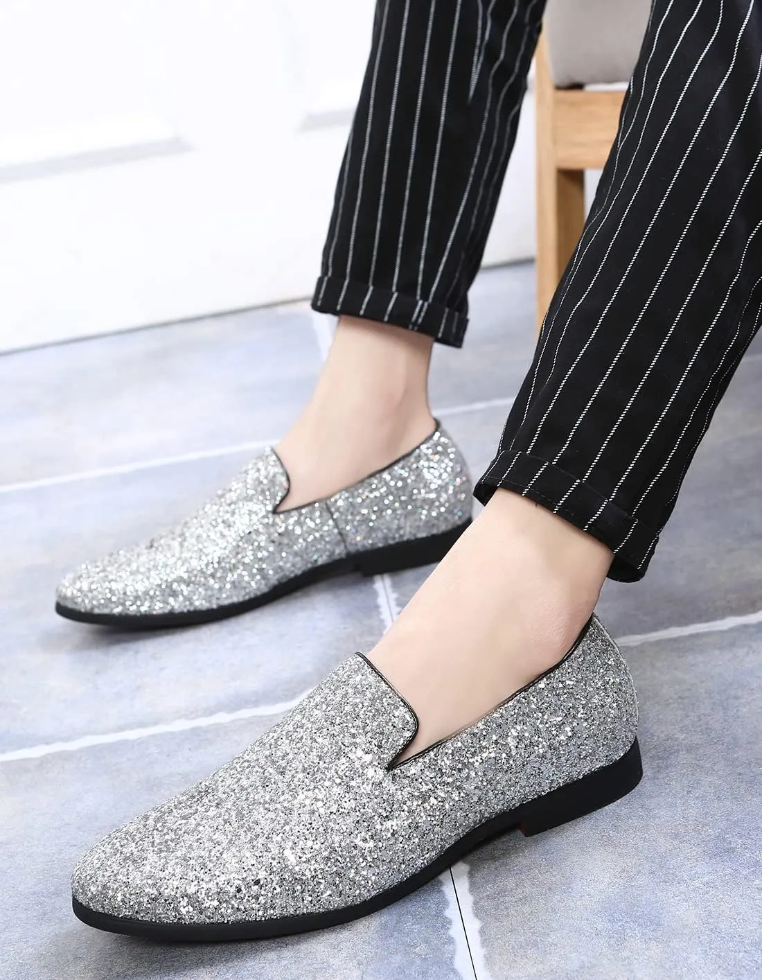 Santimon Mens Glitter Loafers Slip-On Dress Shoes  Sparkly Tuxedo & Suit Shoes for Weddings, Parties, and Formal Events