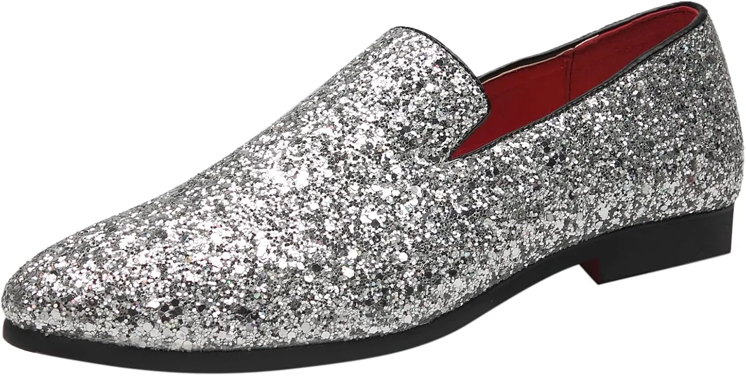 Santimon Mens Glitter Loafers Slip-On Dress Shoes  Sparkly Tuxedo & Suit Shoes for Weddings, Parties, and Formal Events