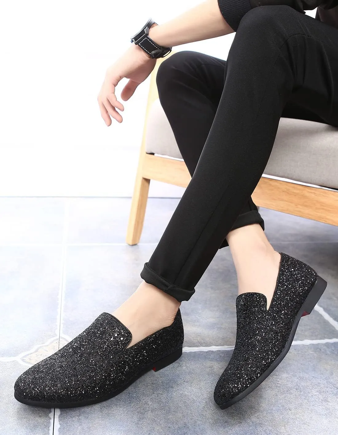 Santimon Mens Glitter Loafers Slip-On Dress Shoes  Sparkly Tuxedo & Suit Shoes for Weddings, Parties, and Formal Events