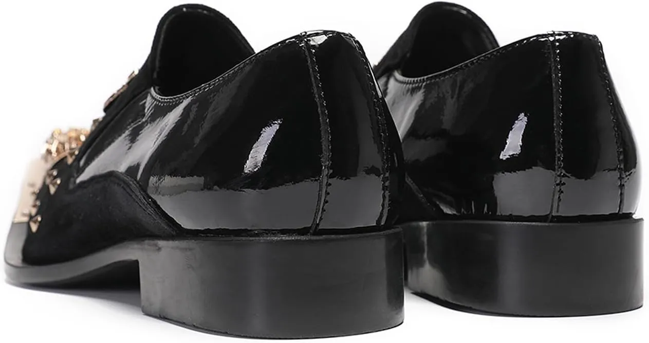 Santimon Mens Loafers Casual Black Dress Slip On Penny Loafer Suede Leather Gold Beads Glitter Party Mocasines Prom Wedding Fashion Western Disco Meatal Pointed Toe Smoking Tuxedo Shoes