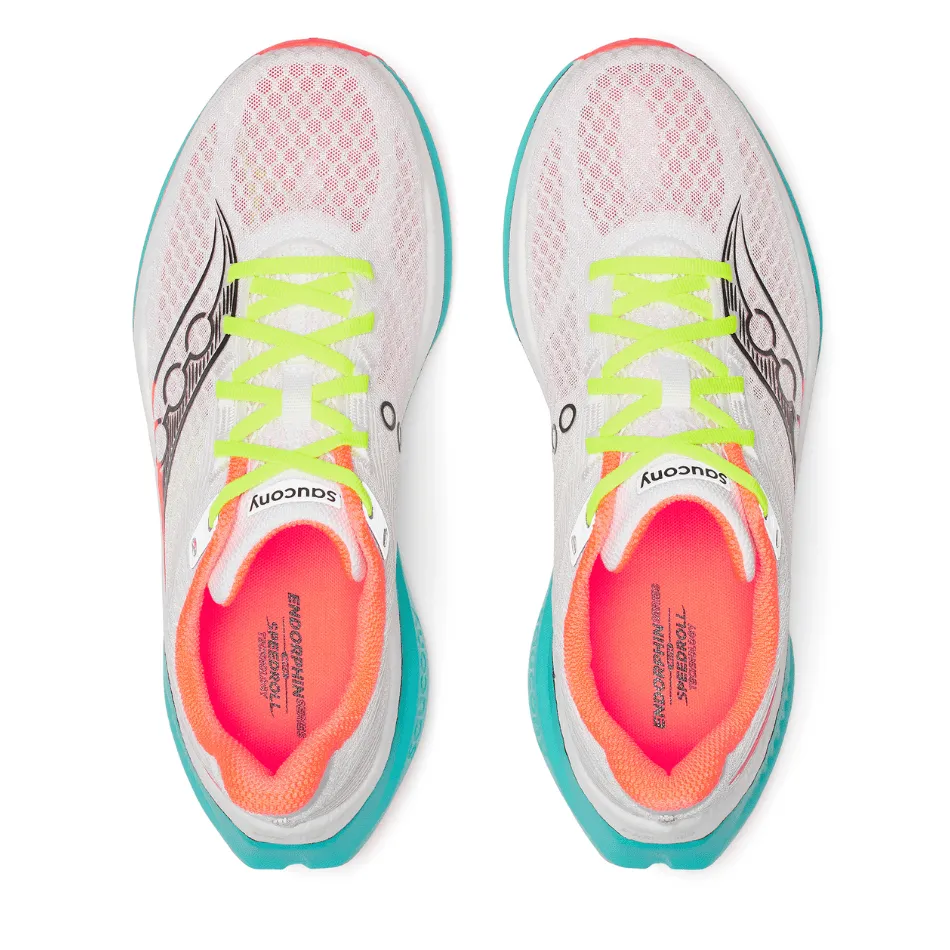 antimicrobial upper shoes Saucony Men's Endorphin Speed 5 Running Shoes in White/Mutant AW25