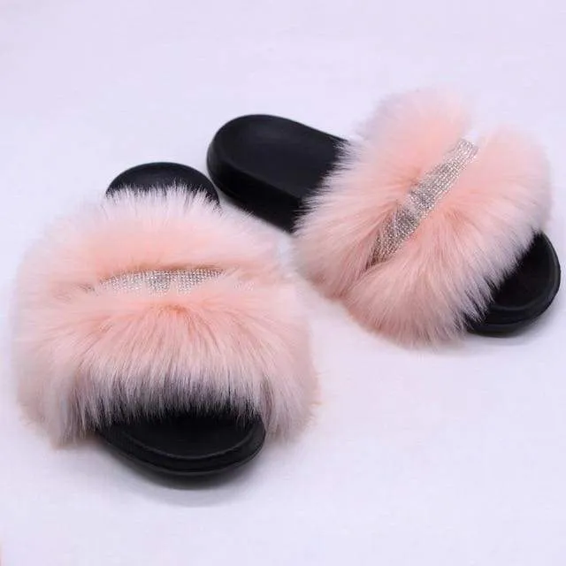 Shiny Faux Fox Fur Slippers F2780