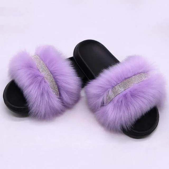 Shiny Faux Fox Fur Slippers F2780