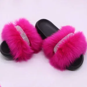 Shiny Faux Fox Fur Slippers F2780