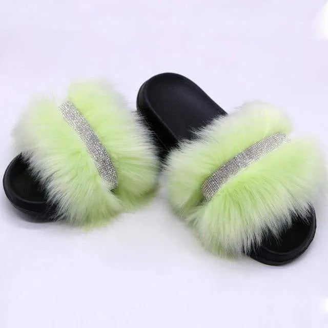 Shiny Faux Fox Fur Slippers F2780