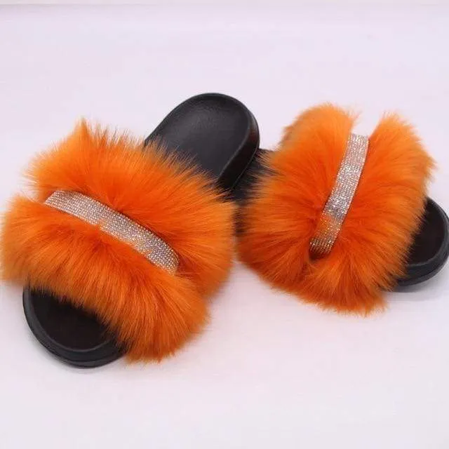 Shiny Faux Fox Fur Slippers F2780