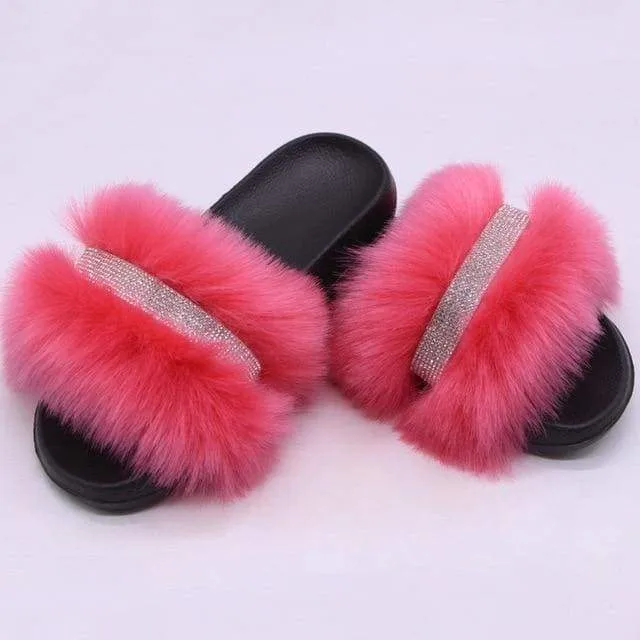 Shiny Faux Fox Fur Slippers F2780