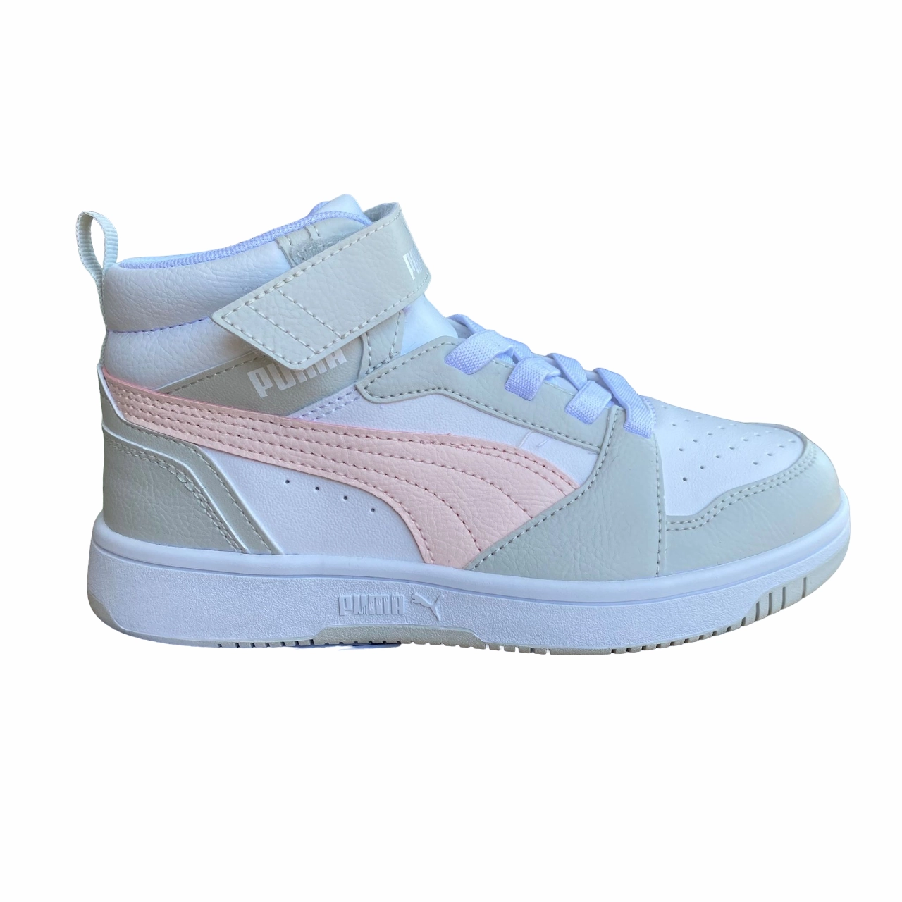 Puma scarpa alta da ragazza con laccio e strappo Rebound V6 AC PS 393832-04 bianco-rosa-grigio solid - color running wear Micro Adjust Straps