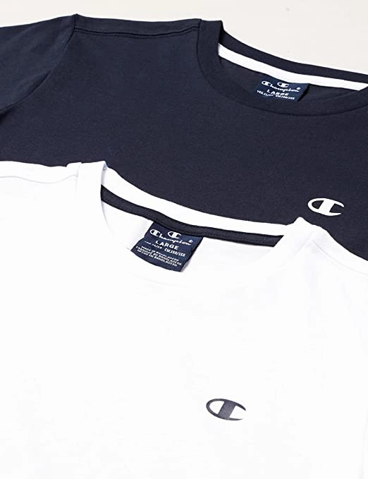 Boat neck style Champion 2T-shirt da ragazzo manica corta Legacy Basic C-Logo 306023 WW001 WHT/NNY bianco blu