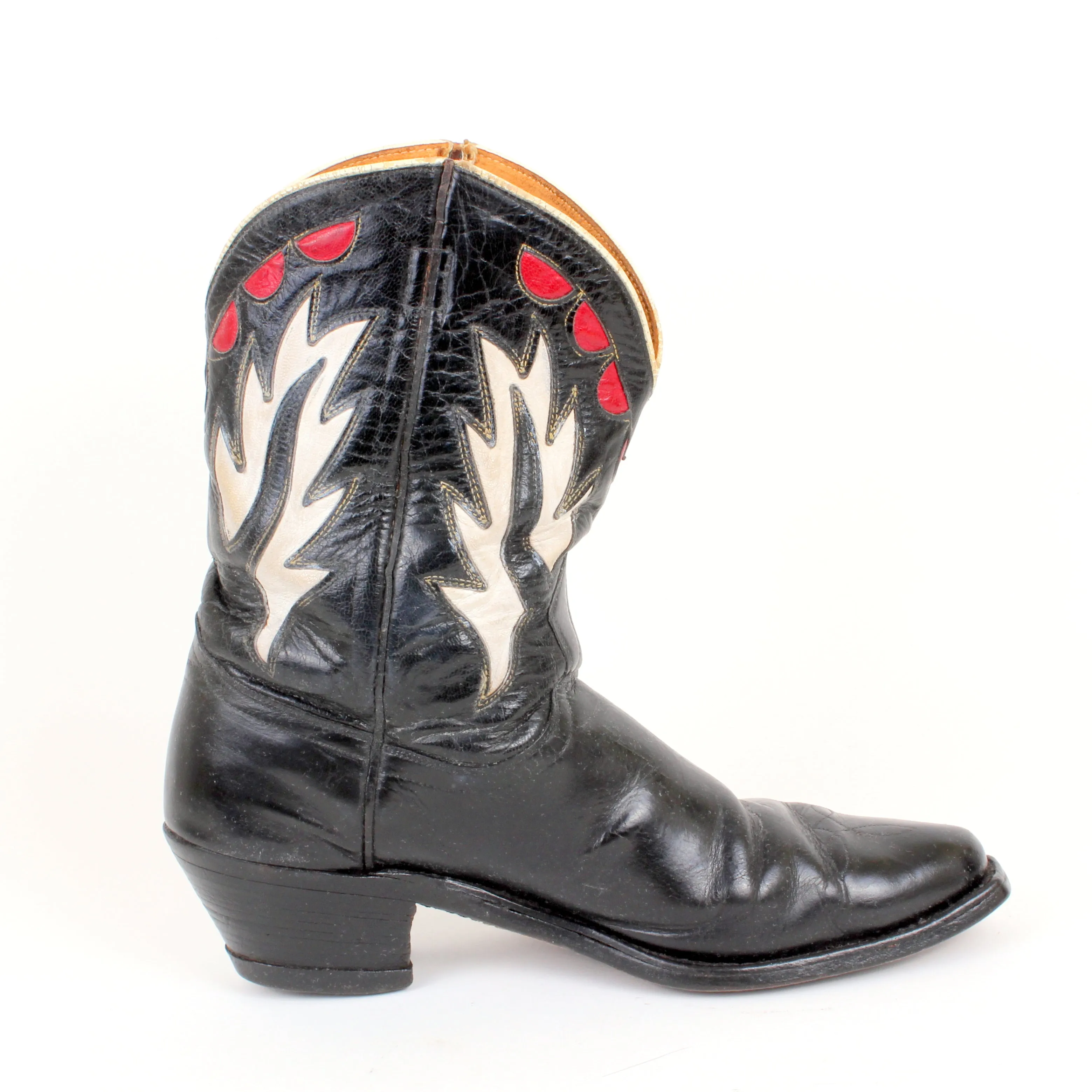 STOLEN 6/21/24 Vintage Goding Black Cowboy Boots With Fancy Uppers in Red and White