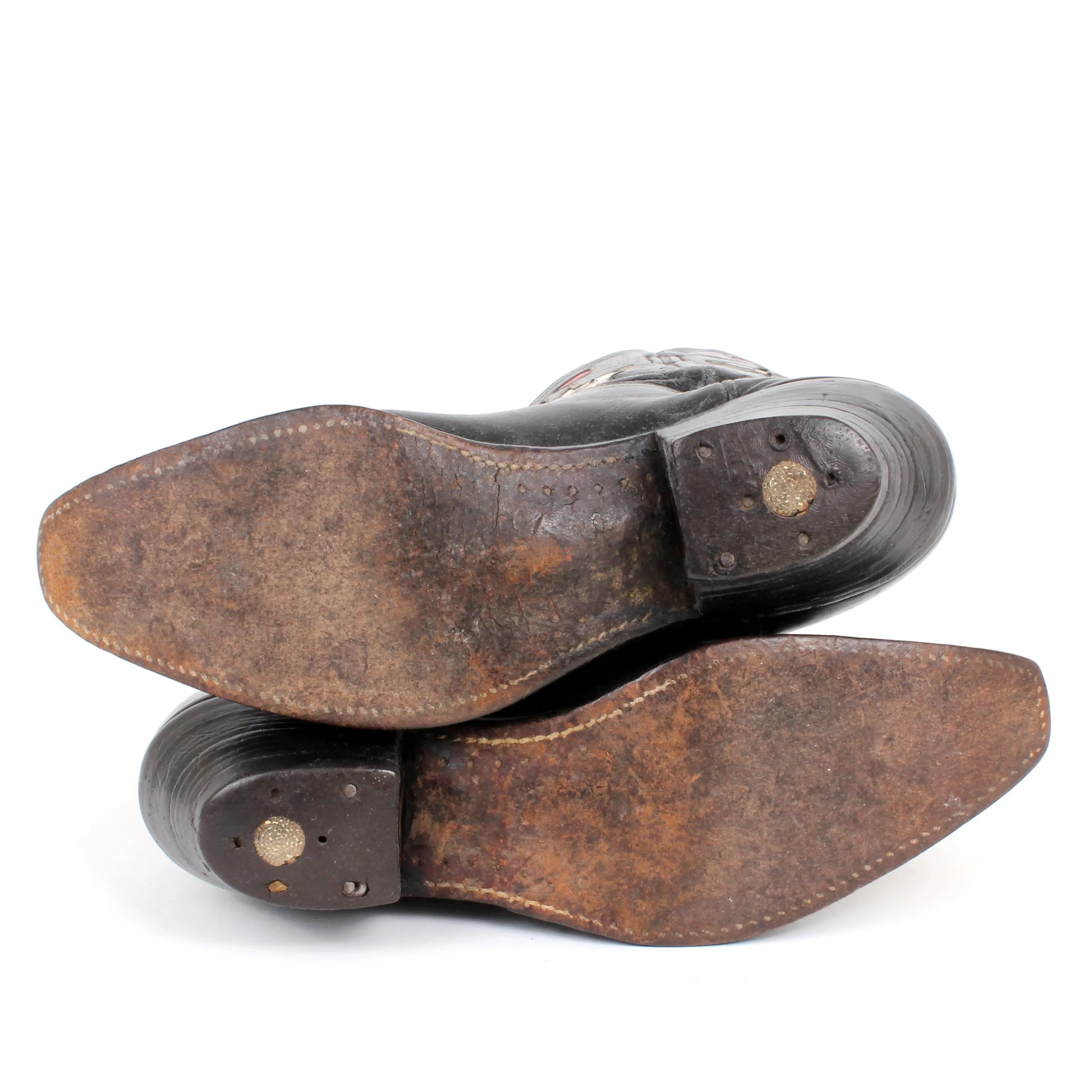 STOLEN 6/21/24 Vintage Goding Black Cowboy Boots With Fancy Uppers in Red and White