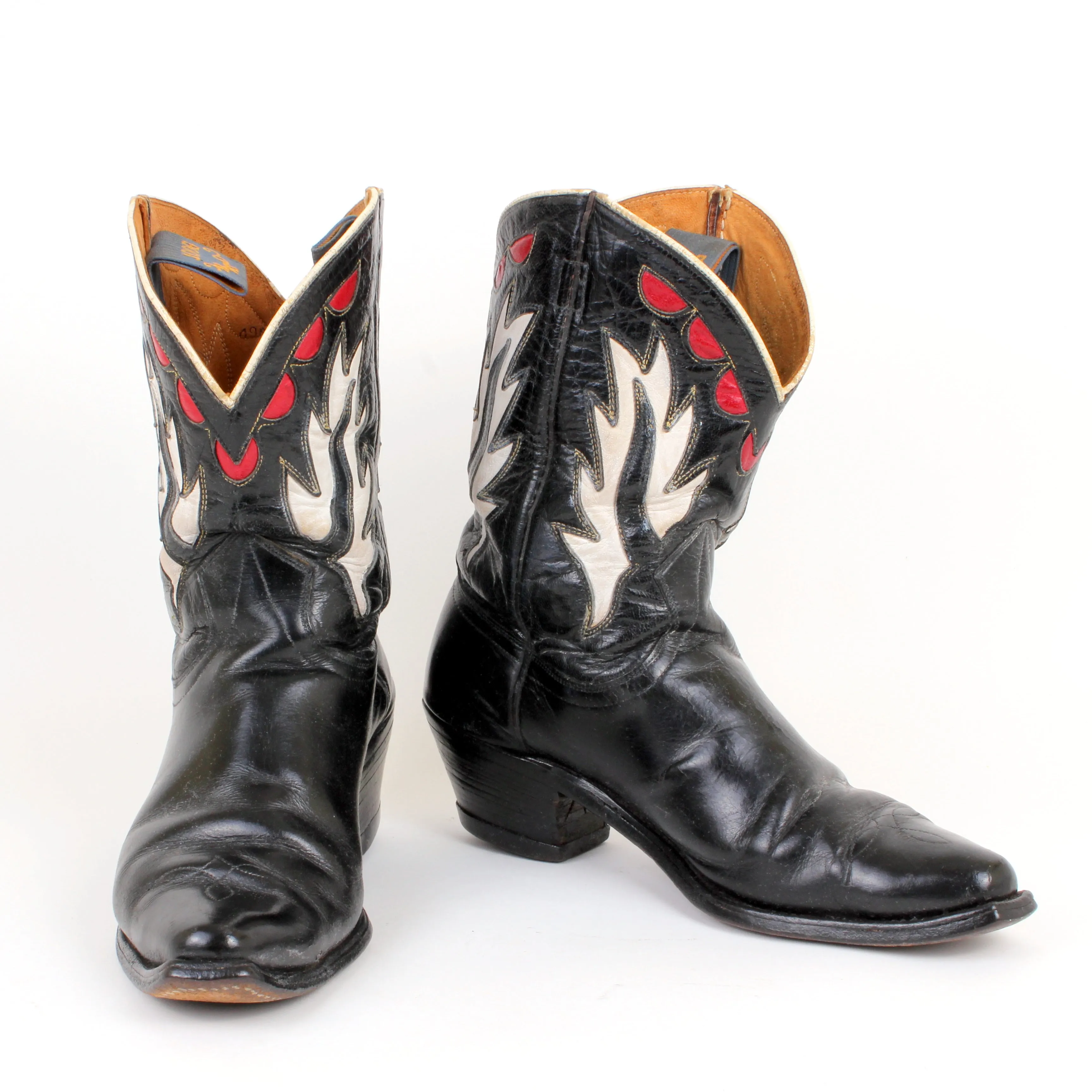 STOLEN 6/21/24 Vintage Goding Black Cowboy Boots With Fancy Uppers in Red and White